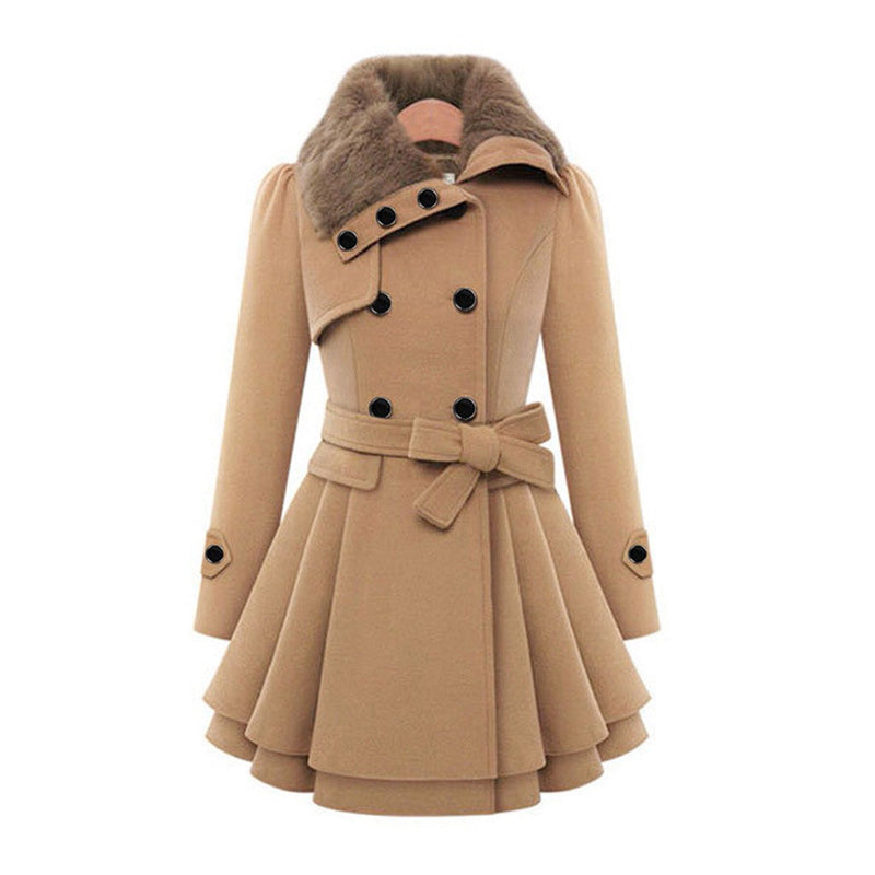 Women's Flared Winter Coat with Faux Fur Collar and Belted Waist