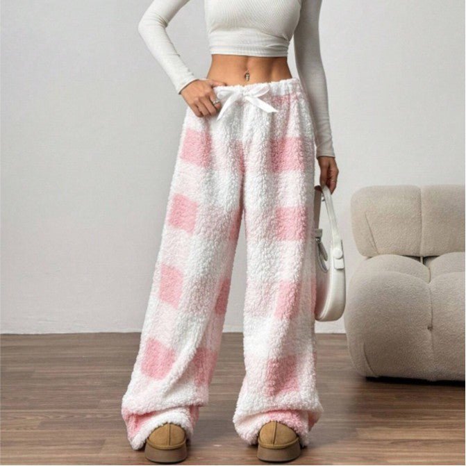 Women's Fleece Check Lounge Trousers in pink