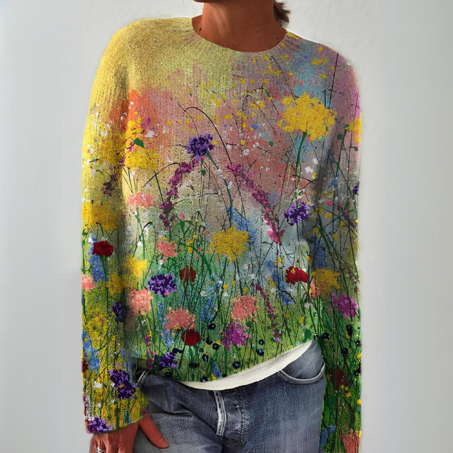 Women's Floral Art Print Sweater with Round Neck for Autumn Days
