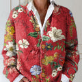 Women's floral knit cardigan in red with flower print – front view