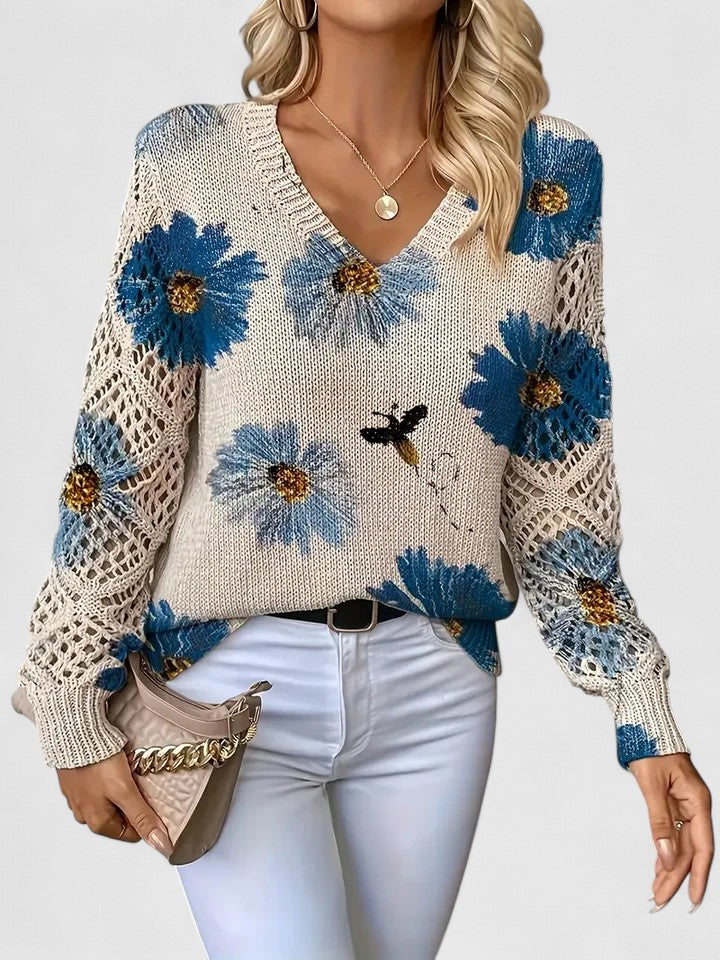 Women's Floral Openwork Knit Sweater in blue floral