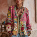 Women's floral patchwork cardigan with V-neck in pink multi – worn look