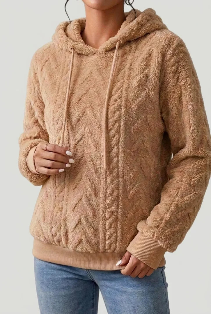 Women's Fluffy Cable Knit Hoodie in brown