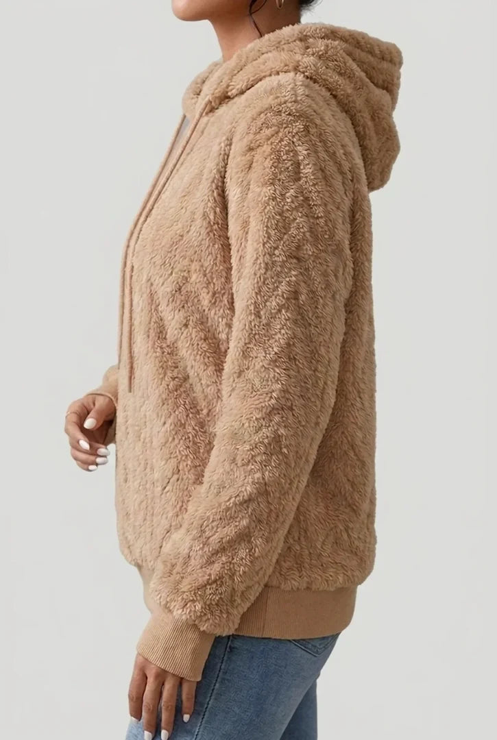 Women's fluffy cable knit hoodie in brown – side view