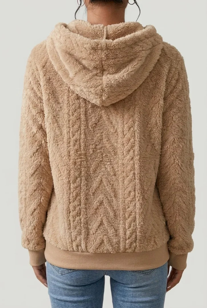 Women's fluffy cable knit hoodie in brown – back view