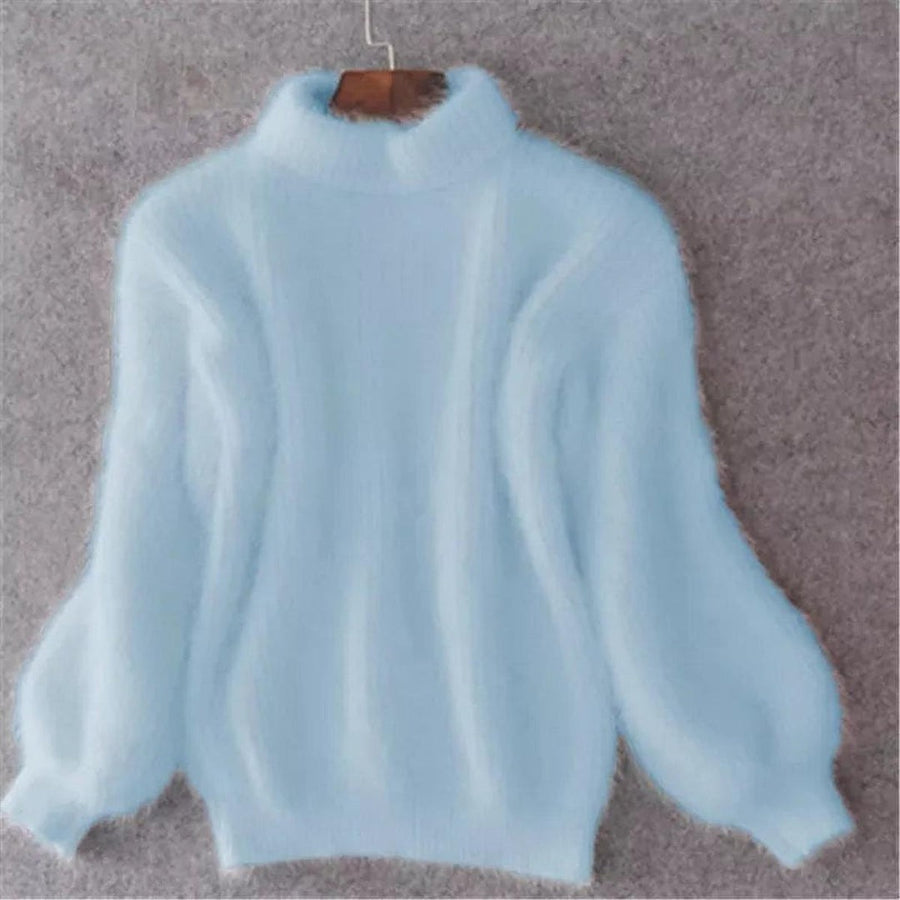 Women's Fluffy High Neck Sweater with Puff Sleeves in 8 Colors for Cold Days