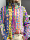 Women's folk pattern knit turtleneck sweater with colourful vertical panels