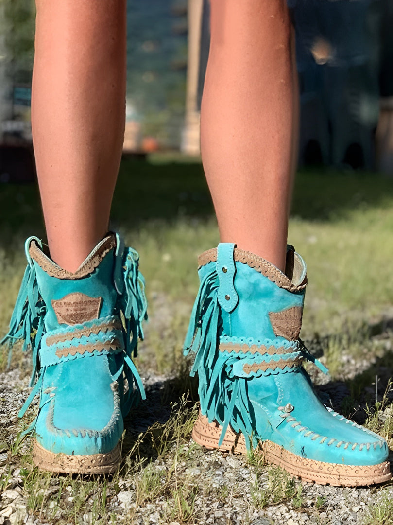 Women's Fringe Ankle Boots in turquoise