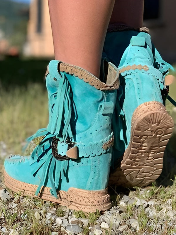 Women's fringe ankle boots in turquoise – back view