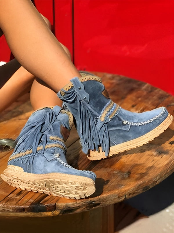Women's fringe ankle boots in denim blue – side view