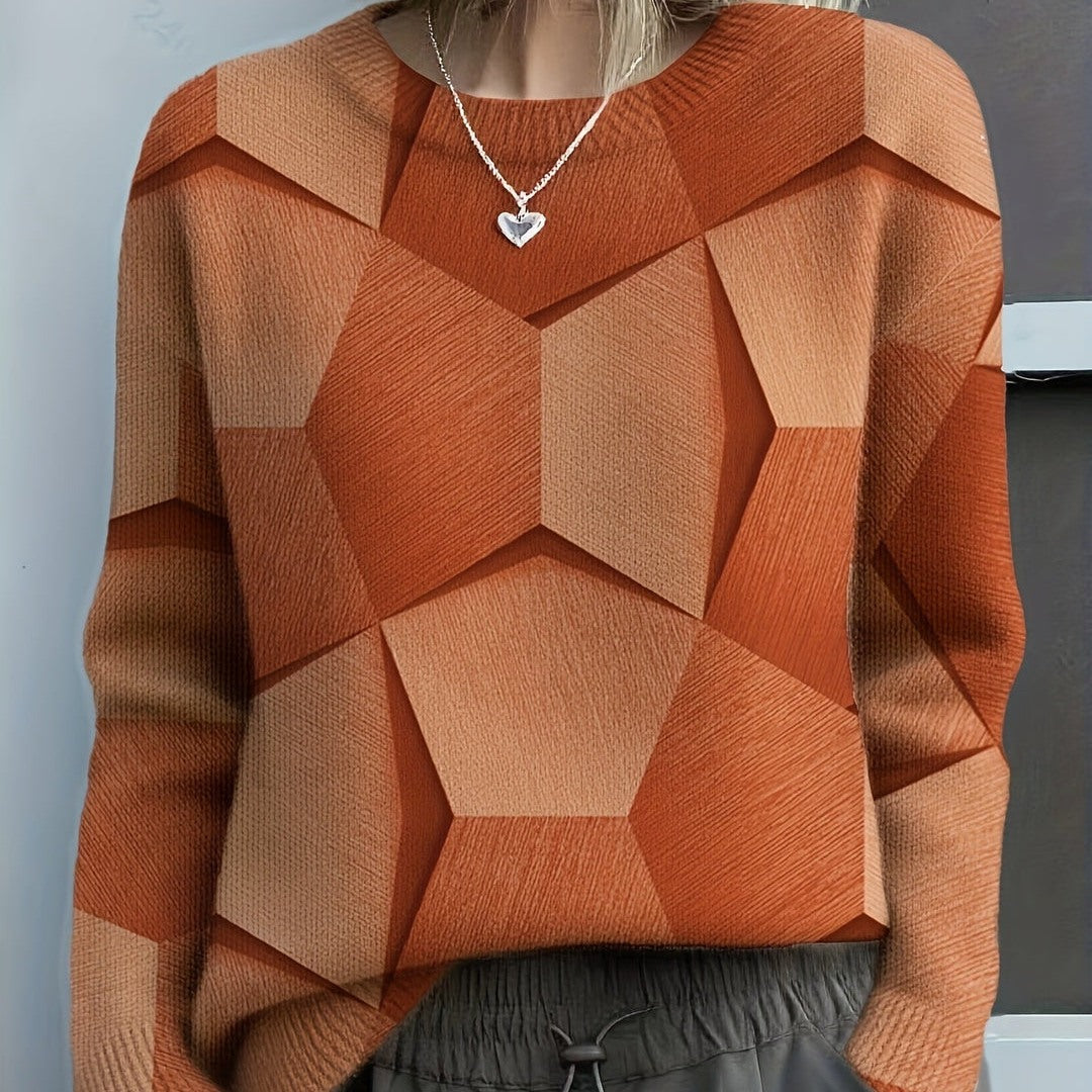 Women's Geometric Print Round Neck Sweater in orange