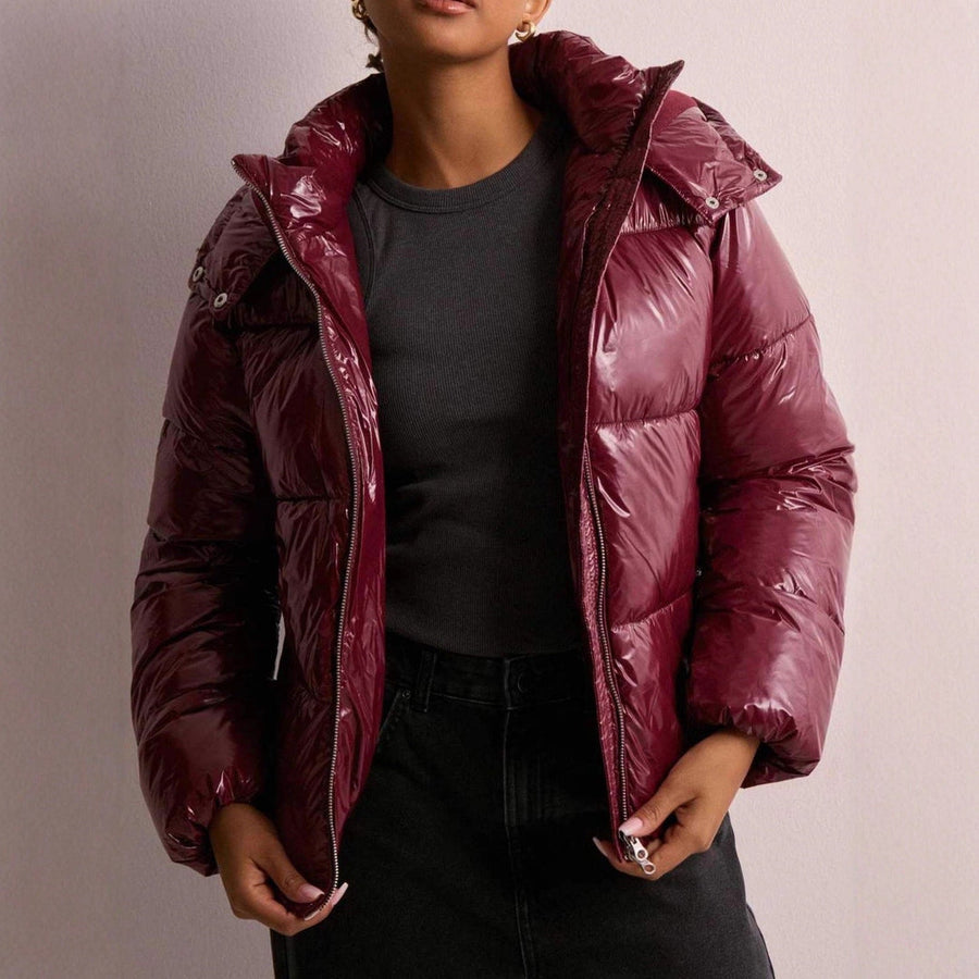 Women's Glossy Hooded Puffer Jacket with Zip Pockets in 3 Colors for Winter