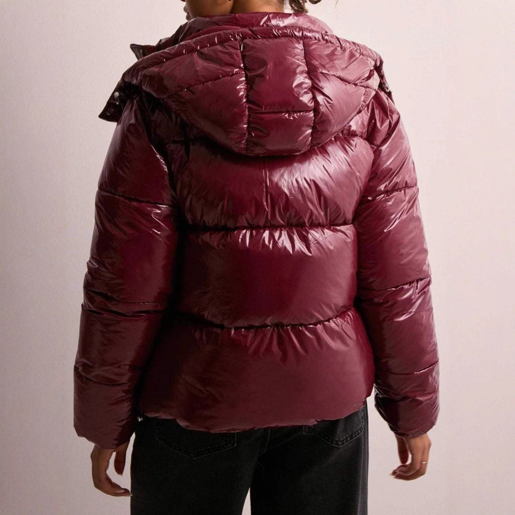 Women's glossy hooded puffer jacket in burgundy – back view