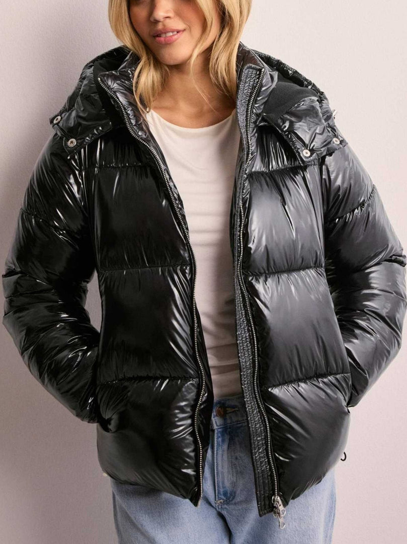 Women's Glossy Hooded Puffer Jacket in black