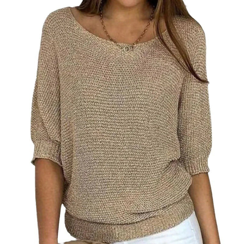 Women's Half Sleeve Knit Sweater with Wide Neckline in beige