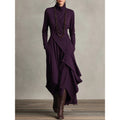 Women's high neck maxi dress with flowing layers in purple – worn look