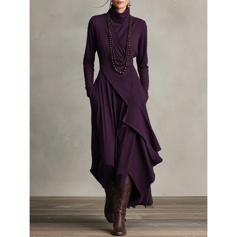 Women's high neck maxi dress with flowing layers in purple – worn look
