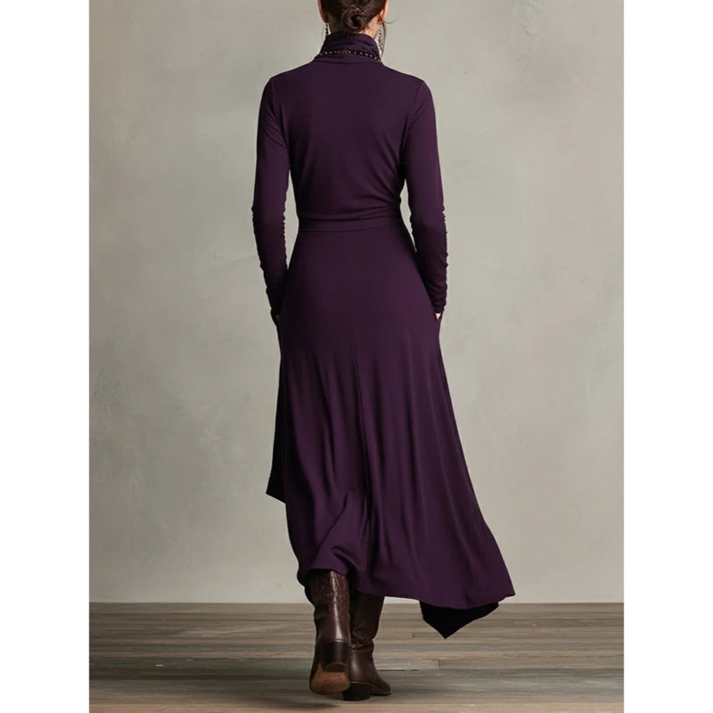 Women's high neck maxi dress with flowing layers in purple – styled look