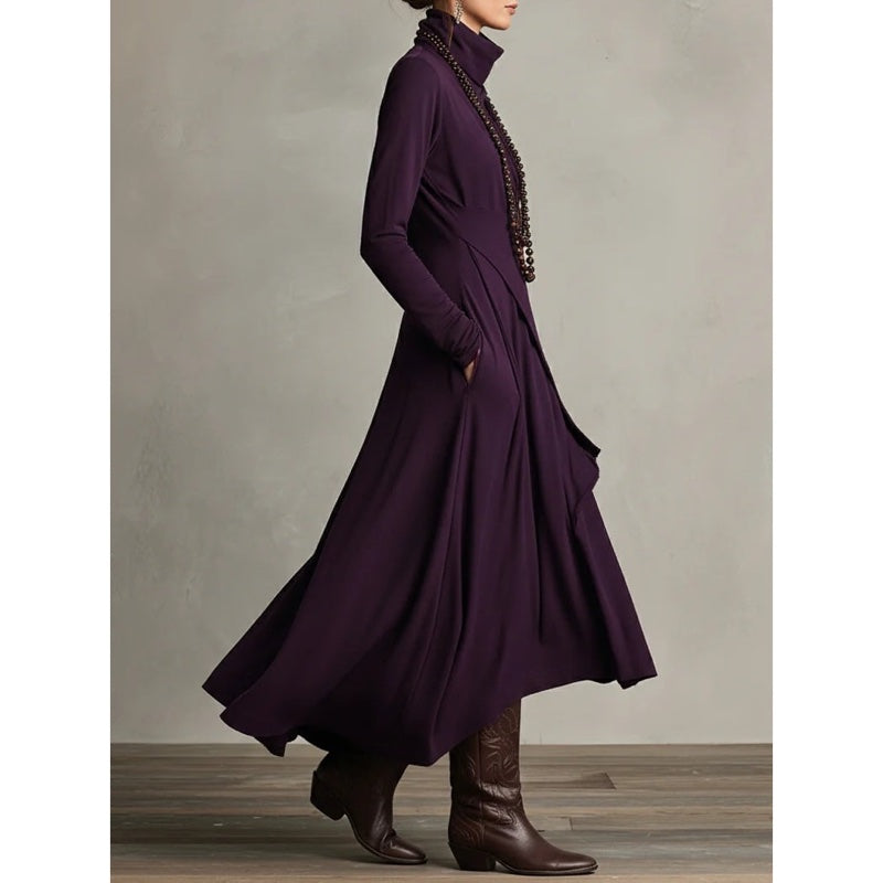 Women's high neck maxi dress with flowing layers in purple – alternate view