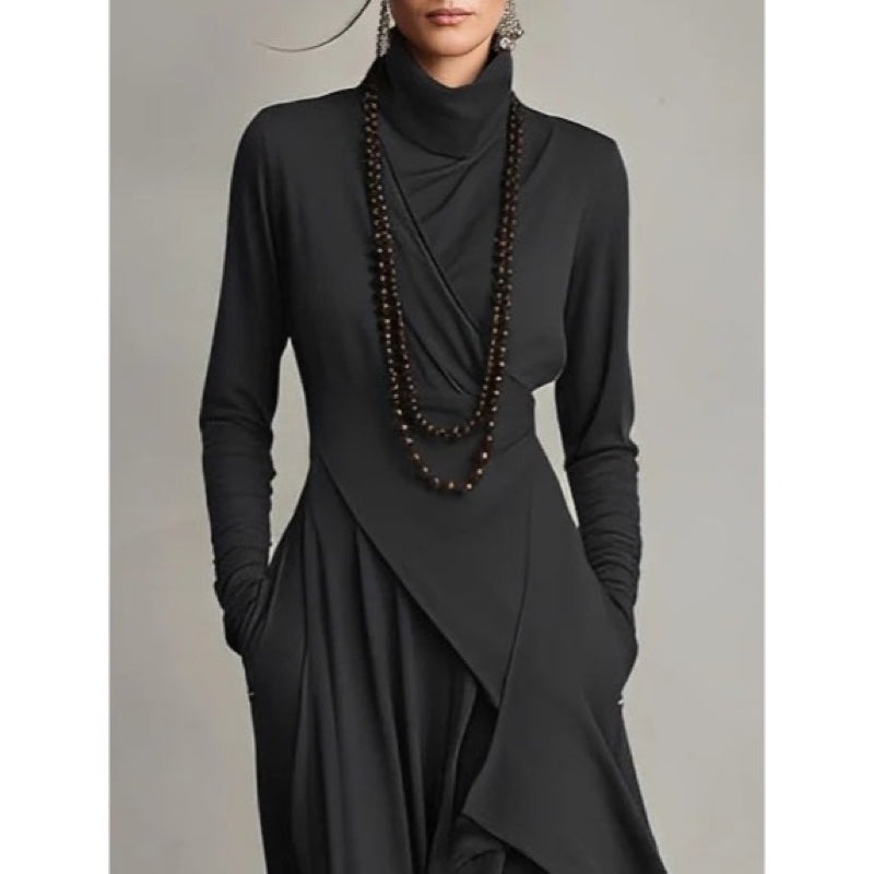 Women's high neck maxi dress with flowing layers in black – styled look