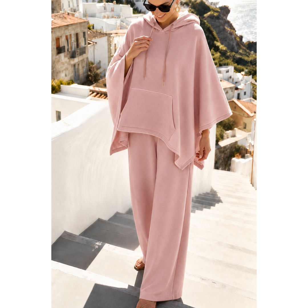 Women's hooded cape and wide leg trouser set in rose, front view