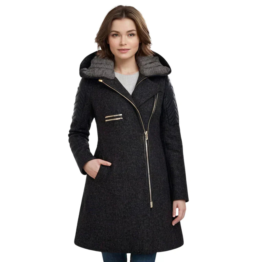 Women's Hooded Coat with Asymmetric Zip and Quilted Sleeves in 5 Colors