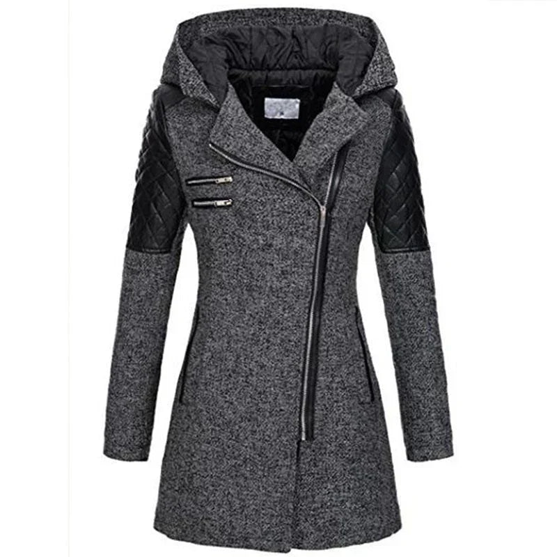 Women's Asymmetric Zip Hooded Coat in dark grey