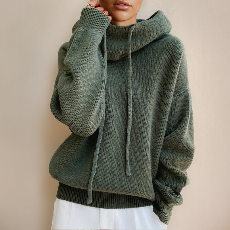 Women's Hooded Cowl Neck Sweater with Drawstring in dark green