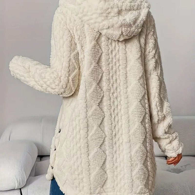 Women's hooded fluffy cardigan in beige – back view with hood