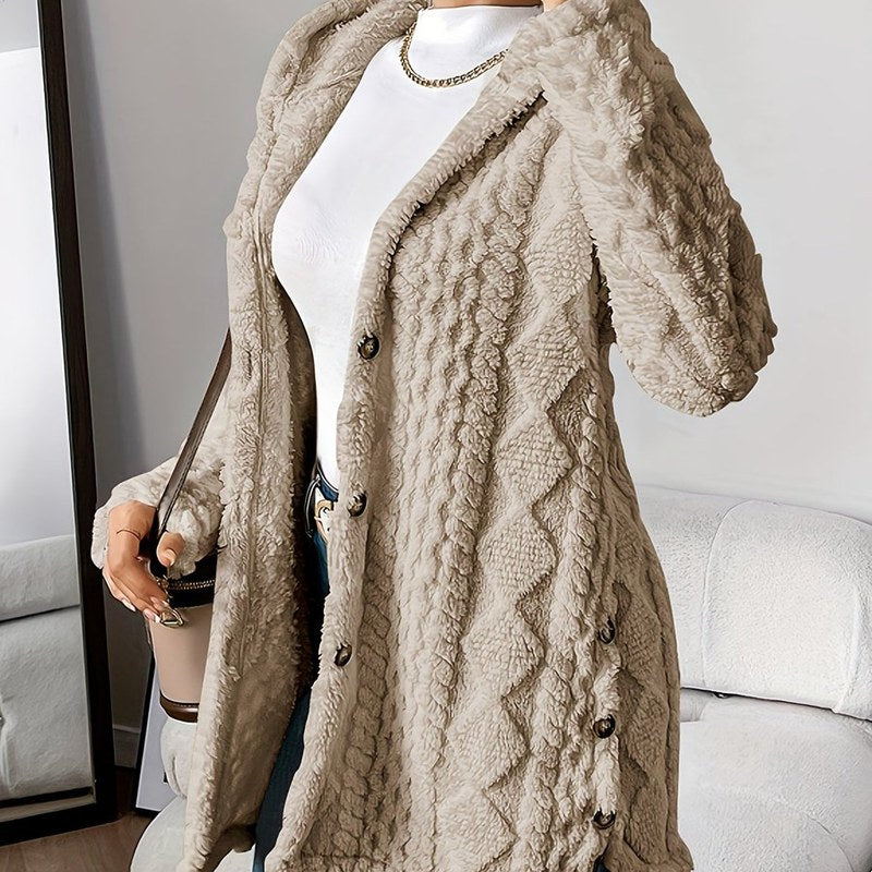 Women's hooded fluffy cardigan in khaki – side view