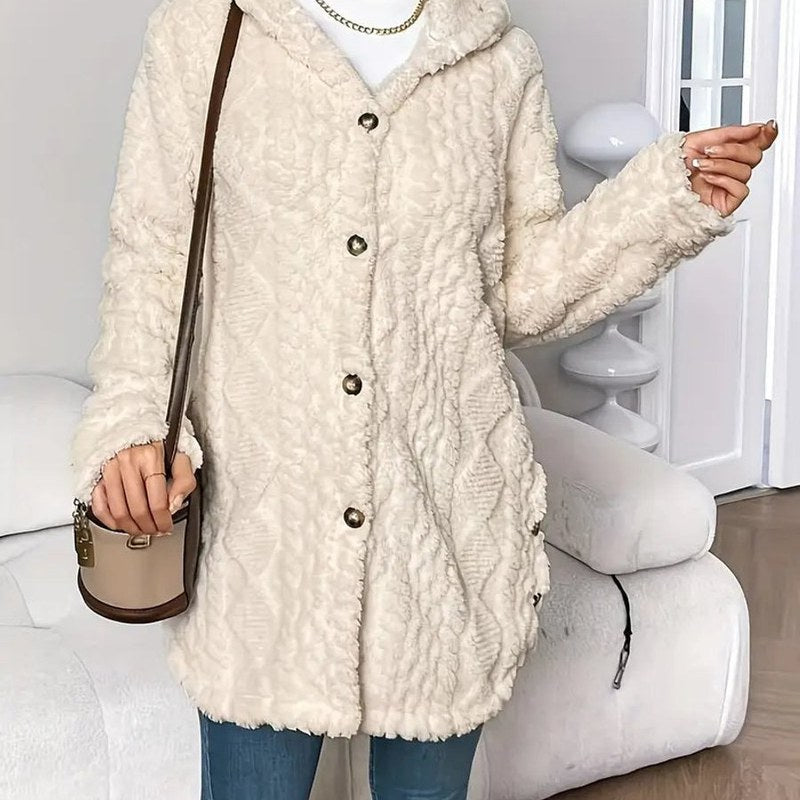 Women's hooded fluffy cardigan in beige – front view, buttoned