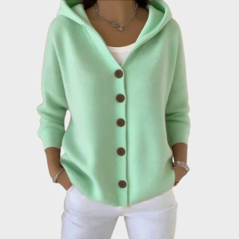 Women's hooded knit cardigan in mint – front view on light background