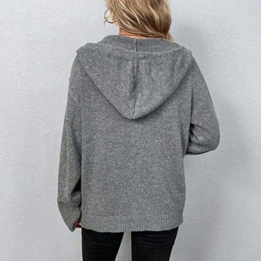Women's hooded button knit cardigan in grey – back view