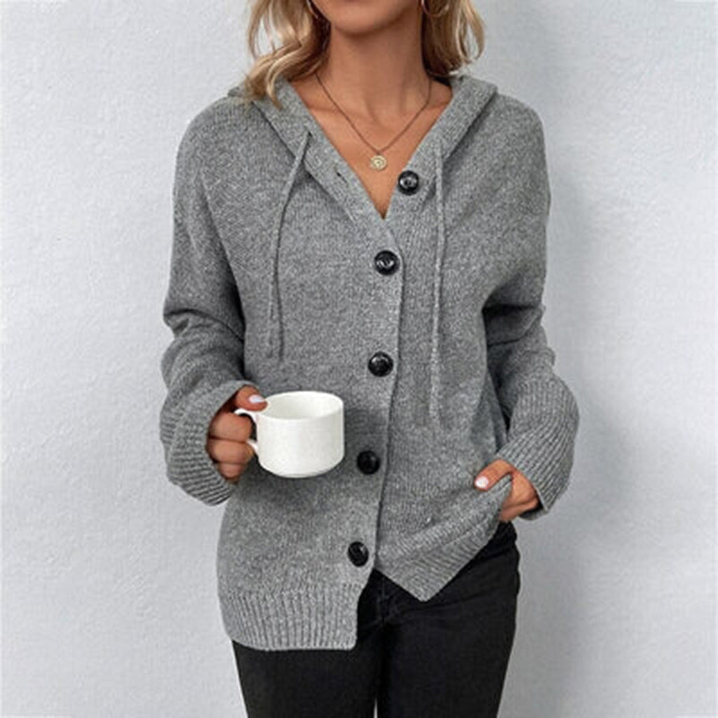 Women's hooded button knit cardigan in grey – buttoned with drawstrings