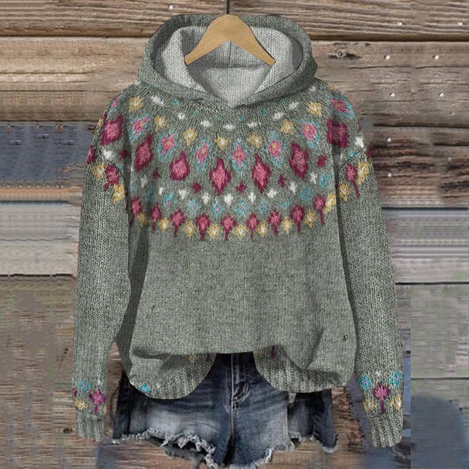 Women's Hooded Knit Sweater with Nordic Pattern in grey