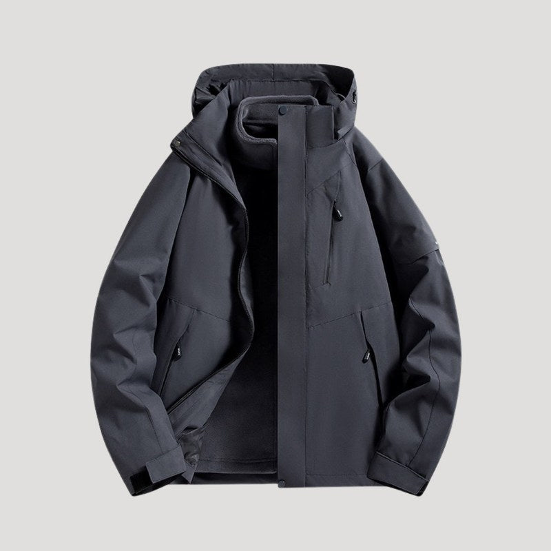 Women's hooded outdoor jacket in dark grey – front view