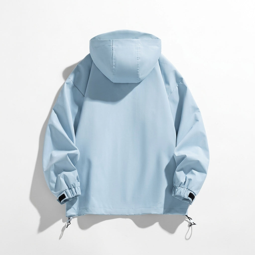 Women's hooded outdoor jacket in light blue – back view
