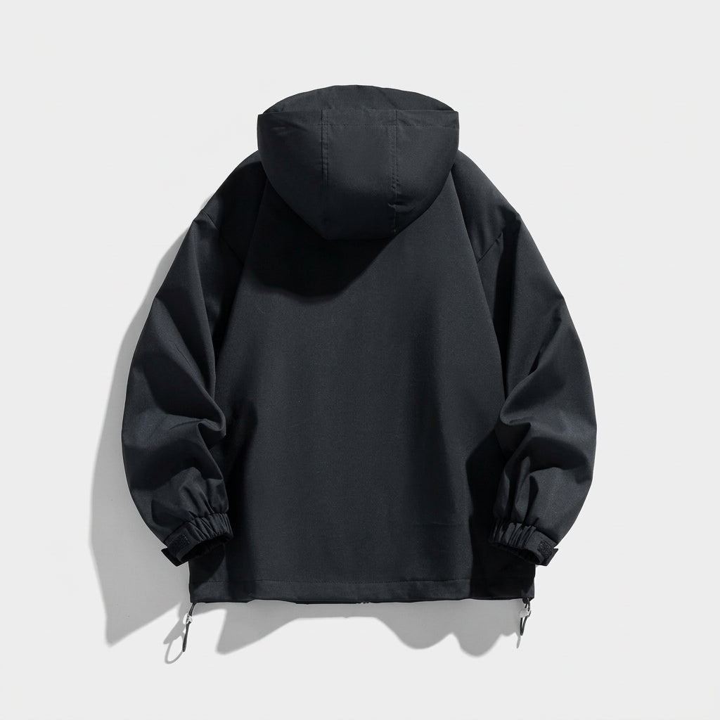 Women's hooded outdoor jacket in black – back view