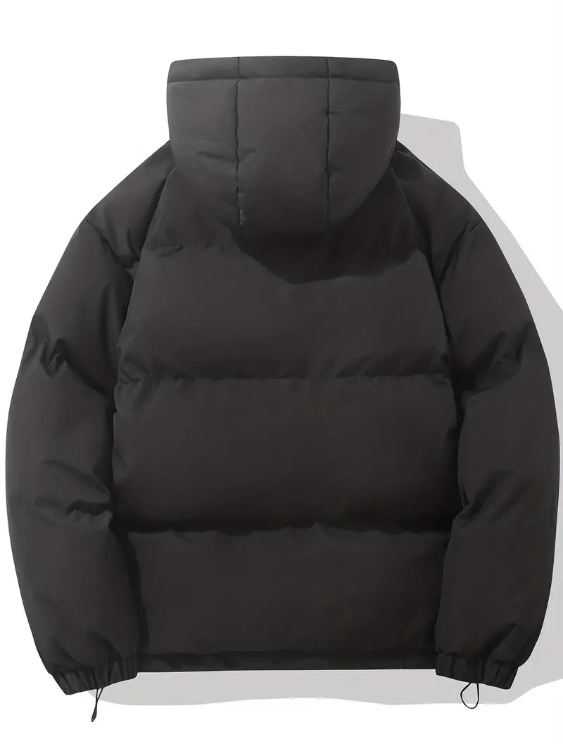 Women's hooded zip puffer jacket in black – back view
