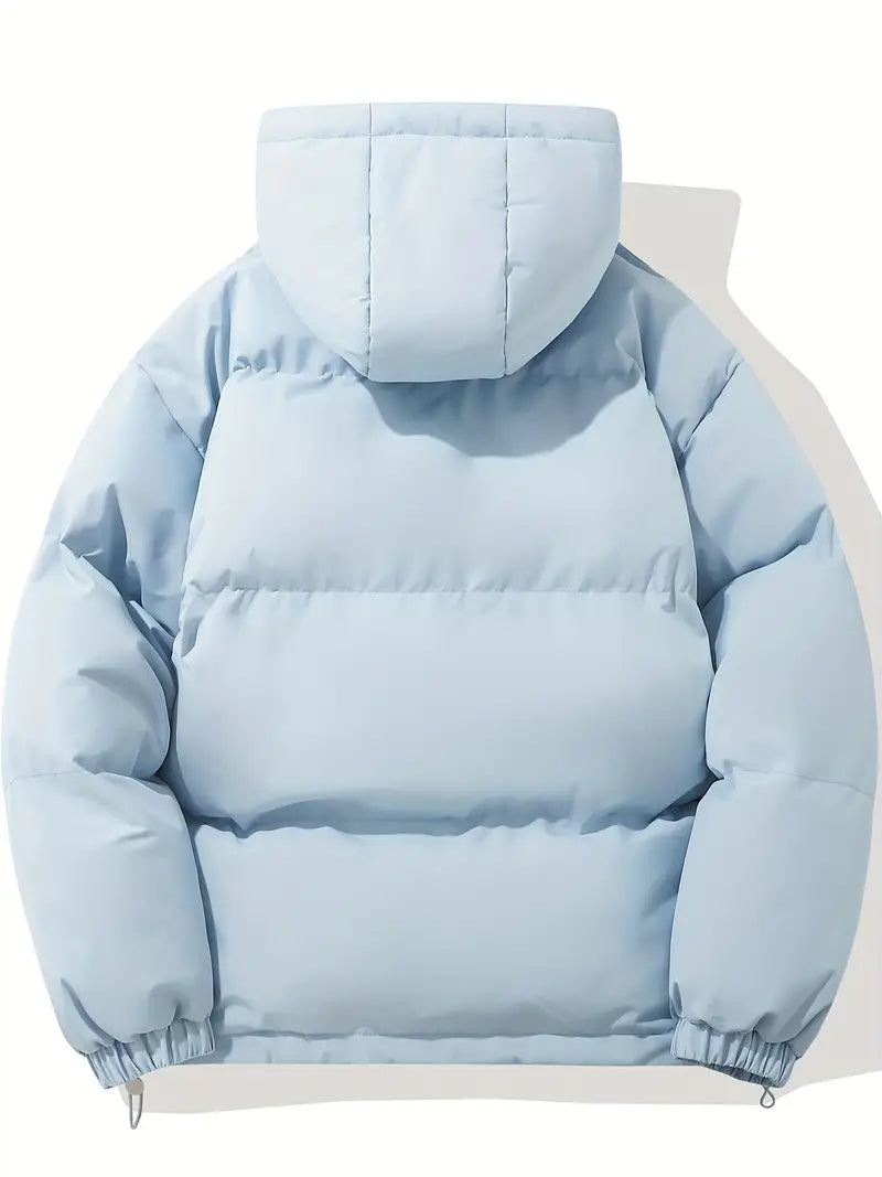 Women's hooded zip puffer jacket in blue – back view