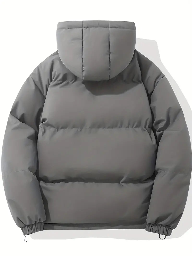 Women's hooded zip puffer jacket in grey – back view