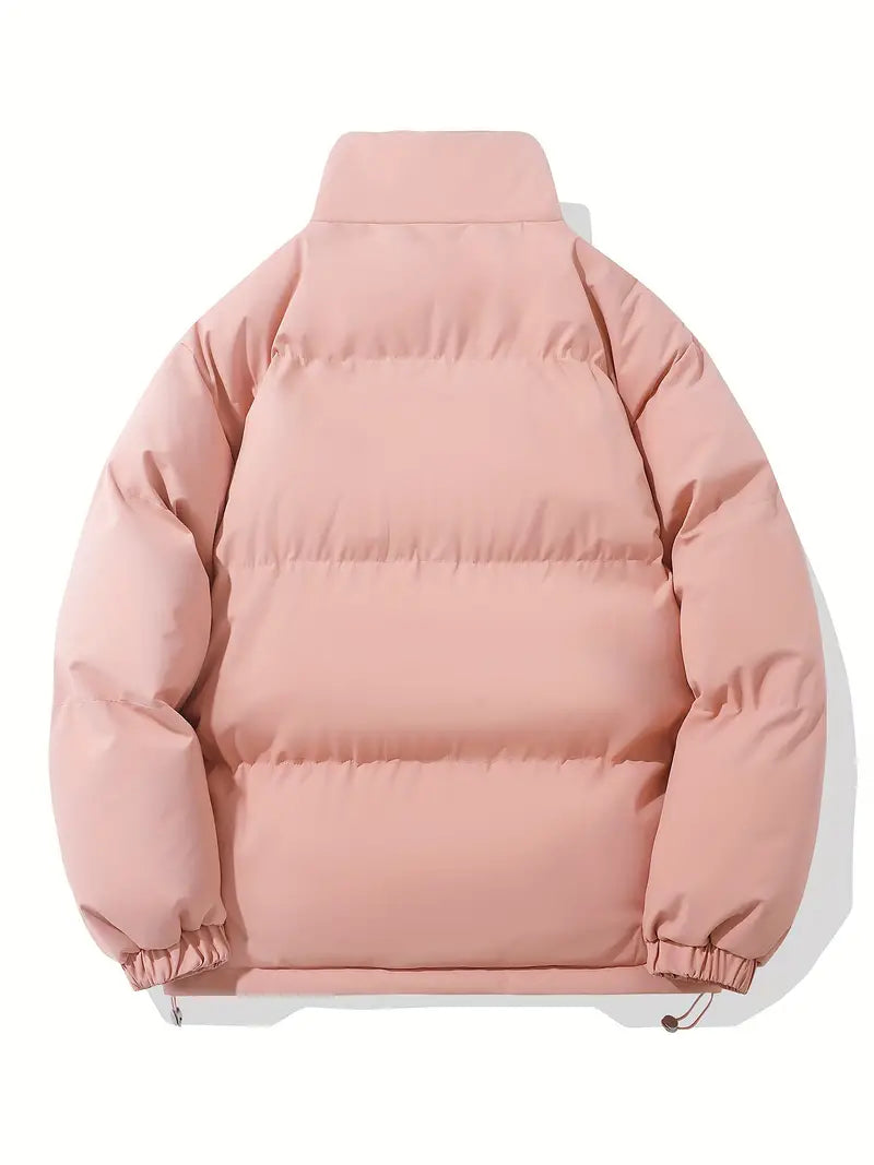 Women's hooded zip puffer jacket in pink – back view