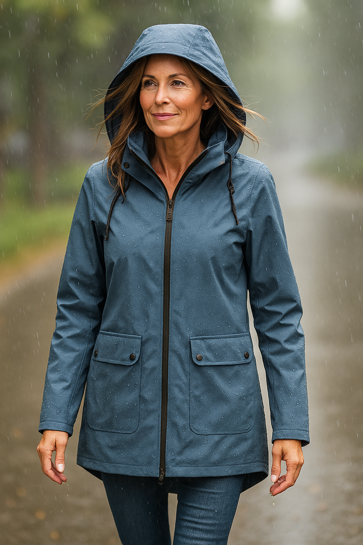 Women's hooded zip rain jacket in blue – worn in the rain