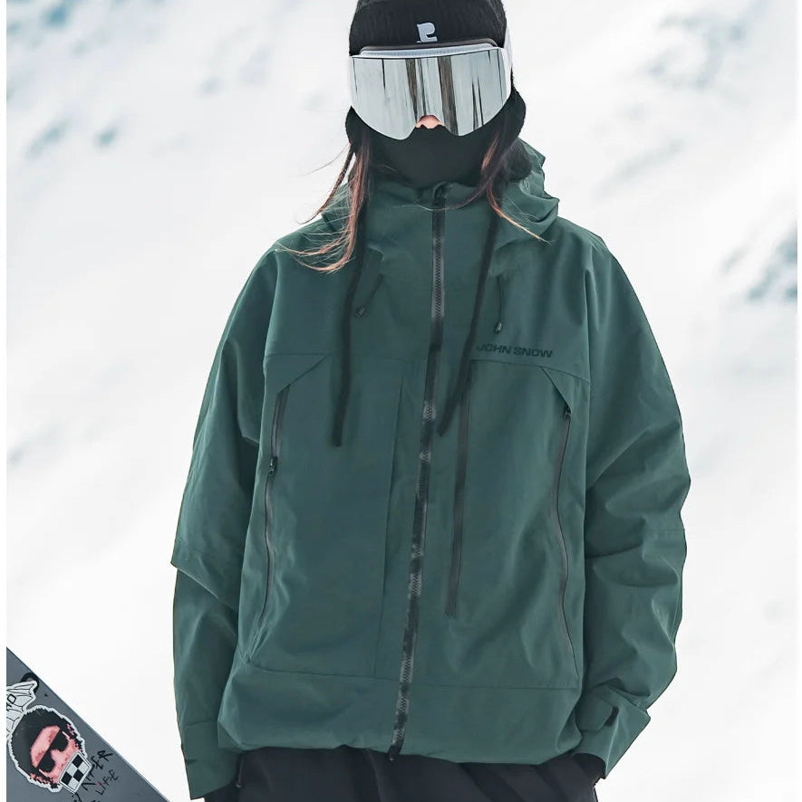 Women's hooded snow jacket in dark green – front view