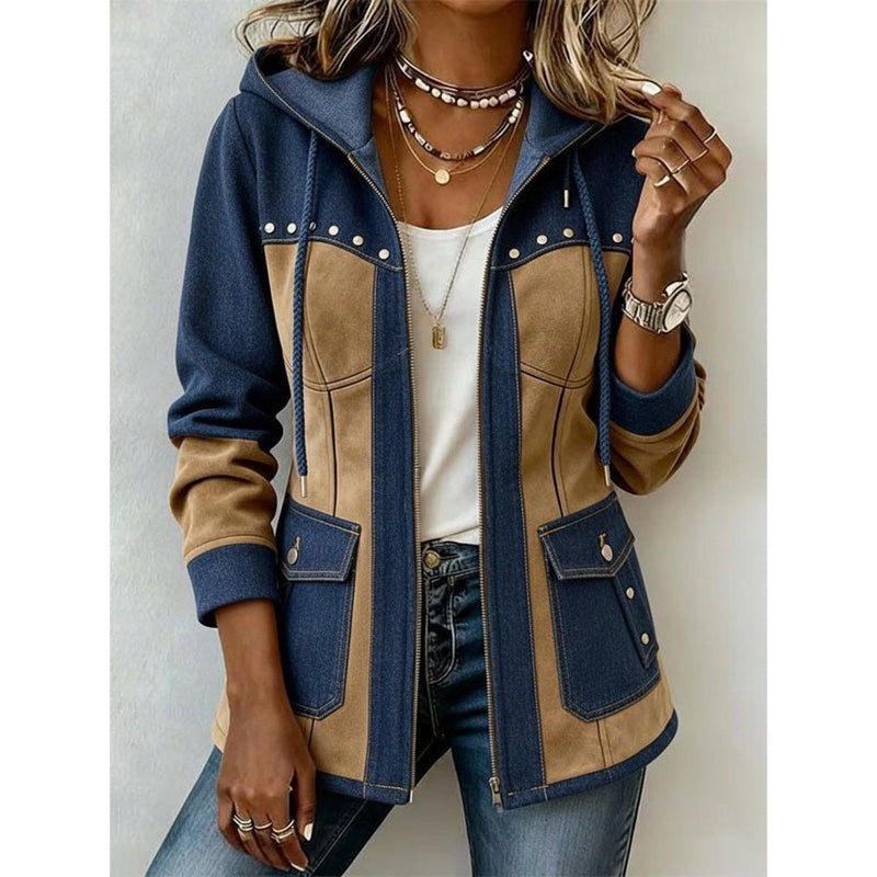 Women's hooded zip jacket with studded details in navy and camel – front view