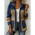 Women's hooded zip jacket with studded details in navy and camel – front view