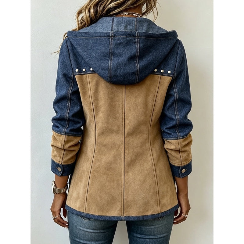 Women's hooded zip jacket with studded details in navy and camel – back view