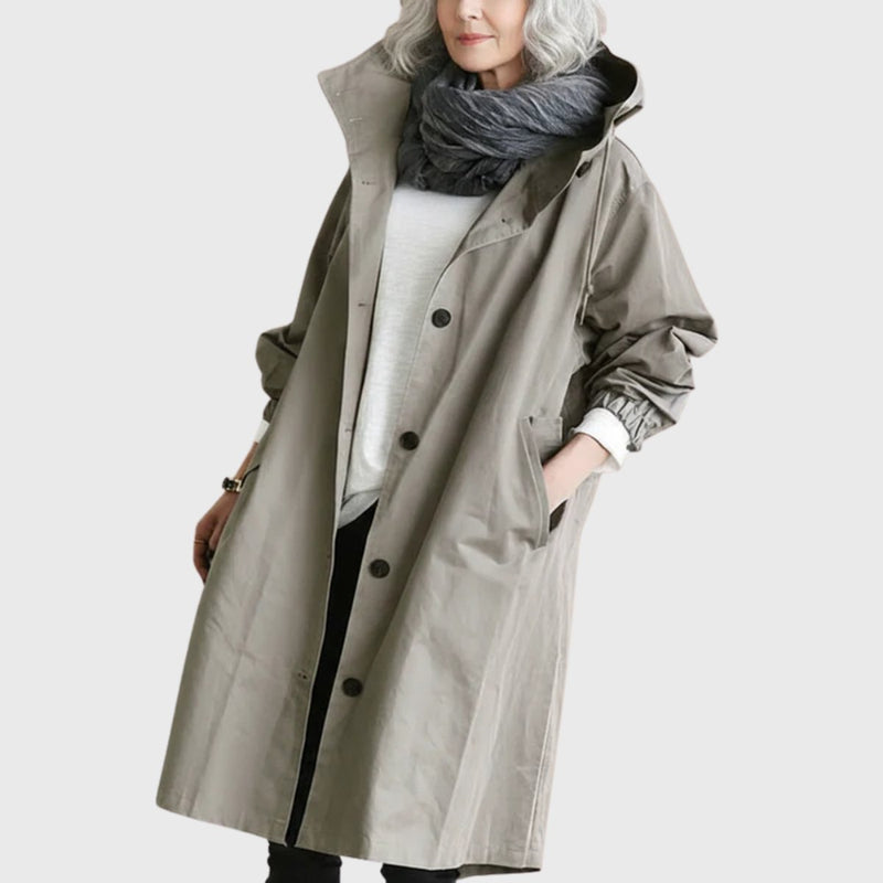 Women's hooded trench coat in grey – front view