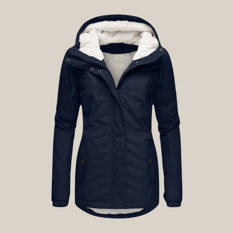 Women's hooded winter parka in blue – front view