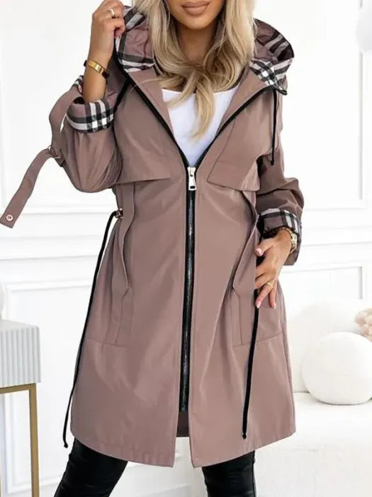 Women's Hooded Zip Raincoat in taupe